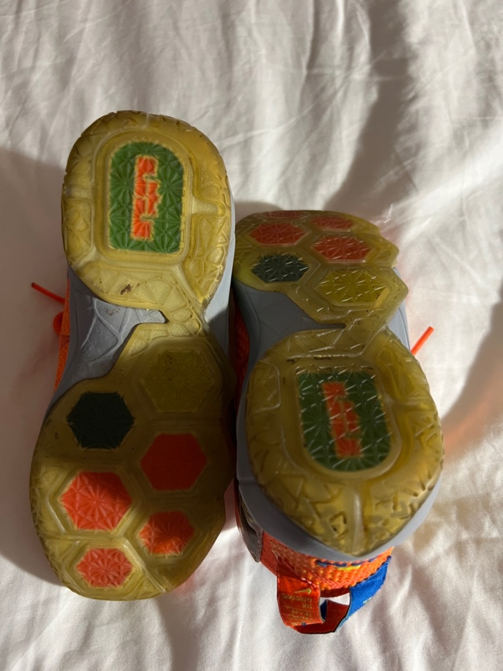 LeBron James Nike Orange Sneakers with Yellow Swoosh and Blue Lining - Picture 5 of 7
